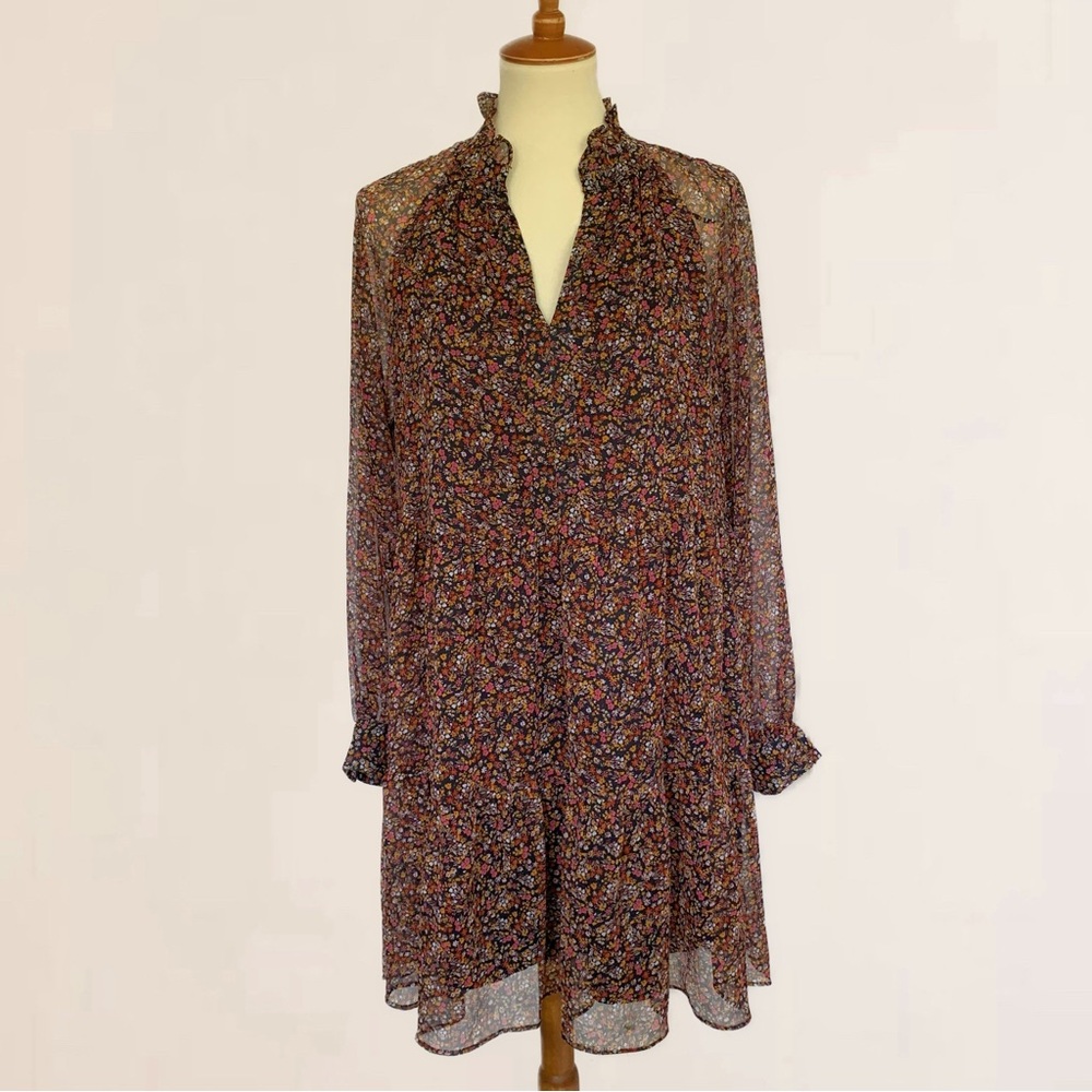 1.STATE Floral Chiffon Dress Fully Lined Sheer Sleeves Tiered Skirt Butt…